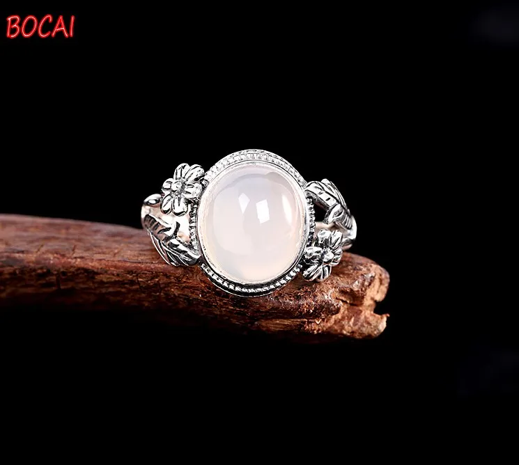 

Real S925 Silver Jewelry Thai Silver Old Bracelet Open Women's White Chalcedony Ring