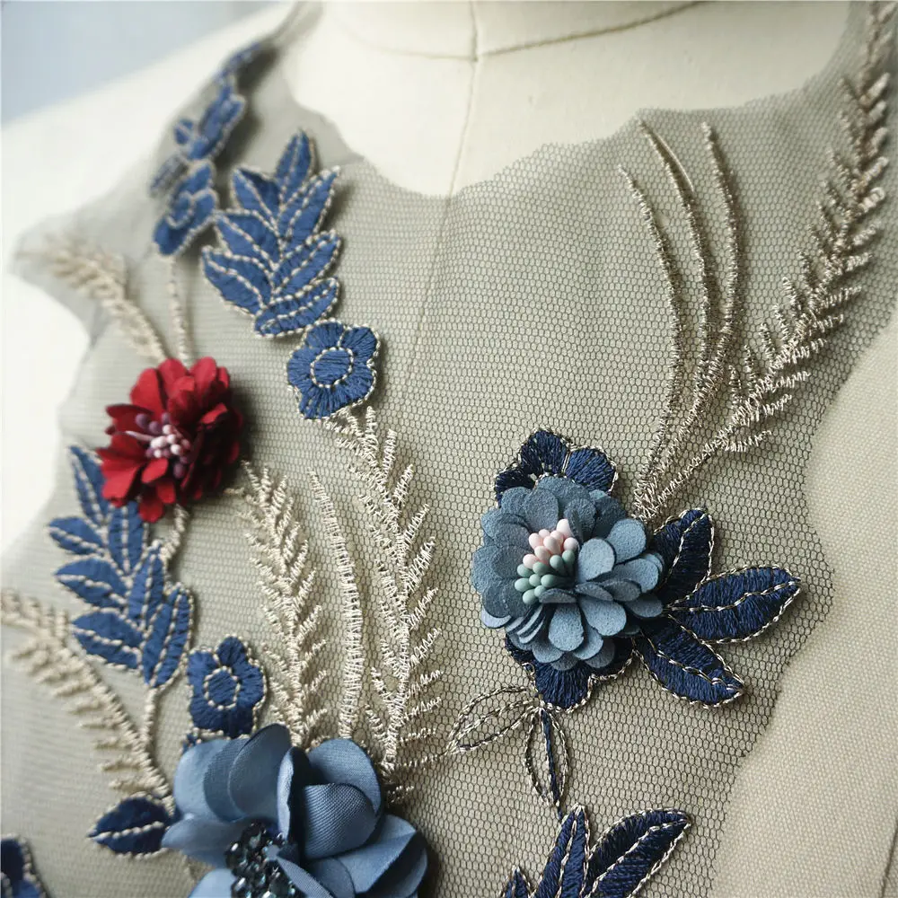 Темно синяя красная 3D Цветочная кружевная ткань со стразами вышитая Свадебная