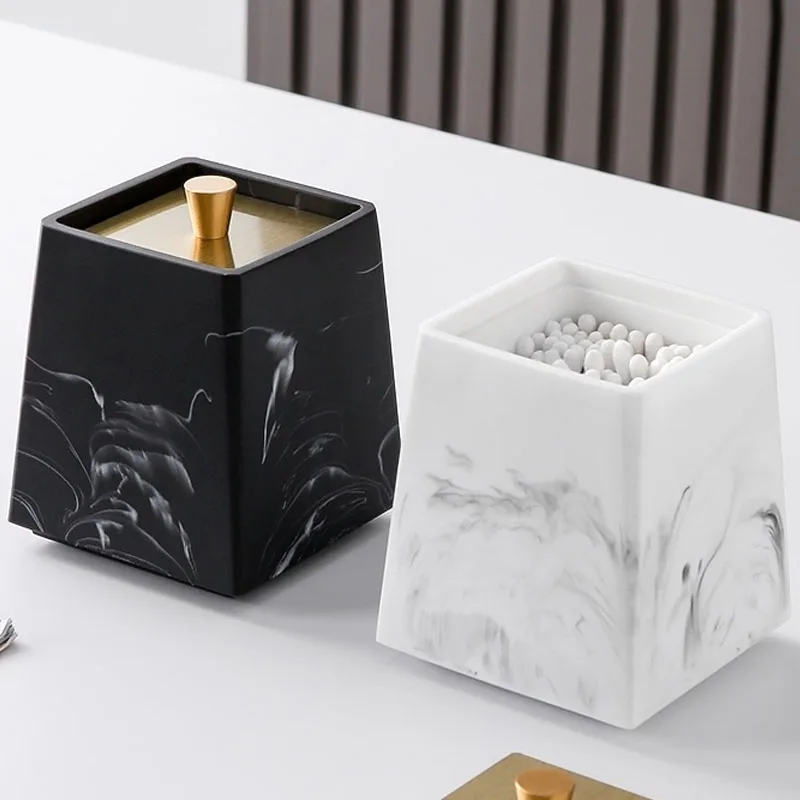 

Marbled Cotton Swab Storage Box Toothpick Holder Resin Makeup Cotton Case Home Restaurant Bathroom Supplies Decor with Cover