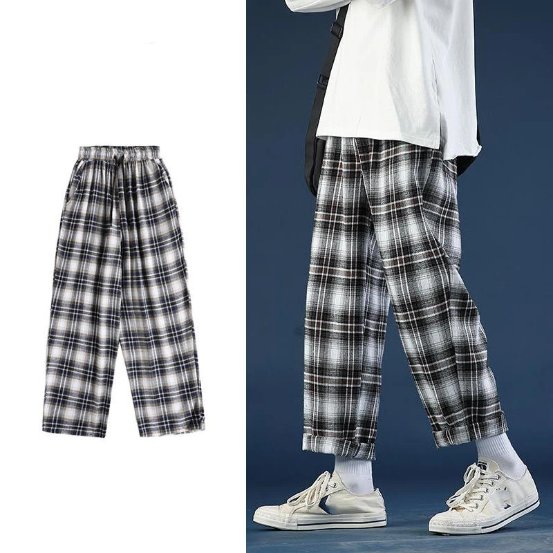 

Korean Fashion New Joggers Men Plaid Pants Loose Straight High Waist Drape Trend Oversize Couples Casual Streetwear Pants