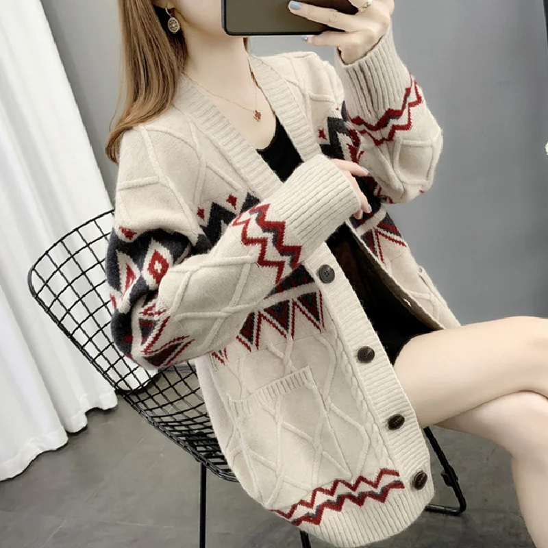 

Lazy Wind Spring Autumn Knitted Cardigan Woman 2021 New Korean Fashion Loose All-Match Casual Long-Sleeved Sweater Coat Female