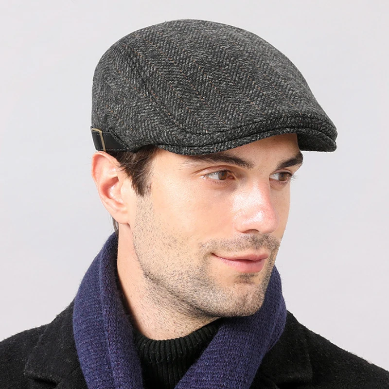 HT3422 Beret Cap High Quality Autumn Winter Hat Vintage Newsboy Ivy Flat Cap Warm Plaid Wool Beret Hat Adjustable Men's Berets