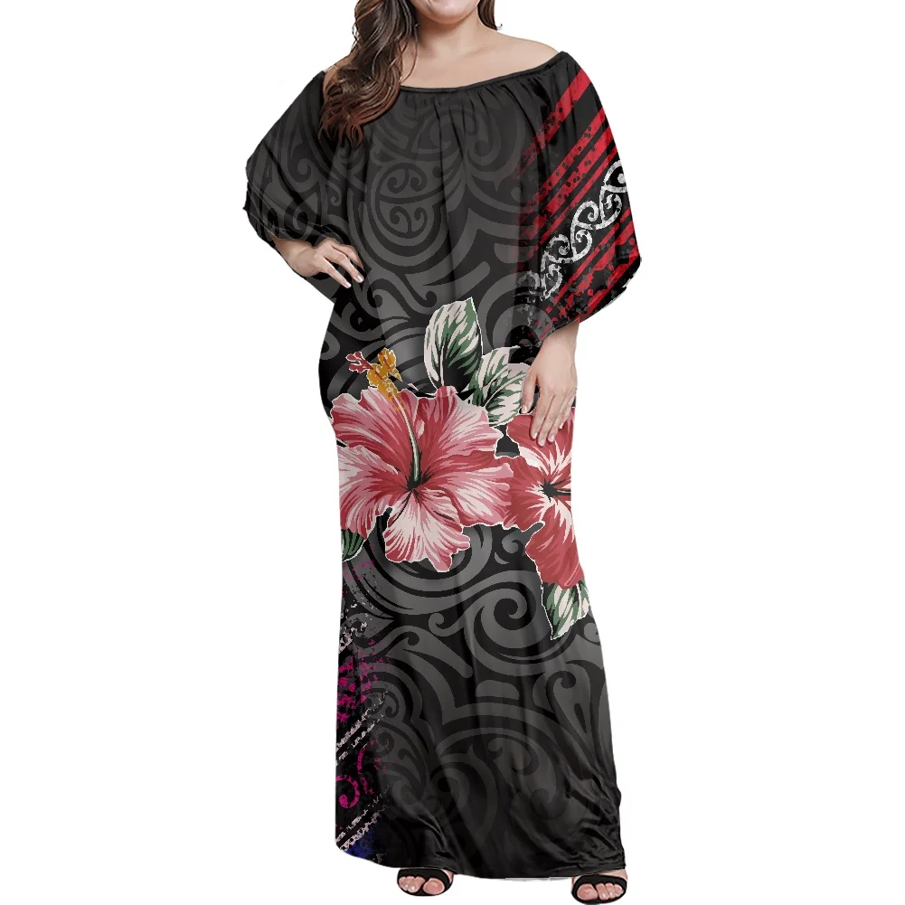

Polynesian 2021 Fall Dress Women Plus Size Elegant Hawaii Tribal Print Sleeveless Slash Collar Vintage Party Maxi Casual Robes
