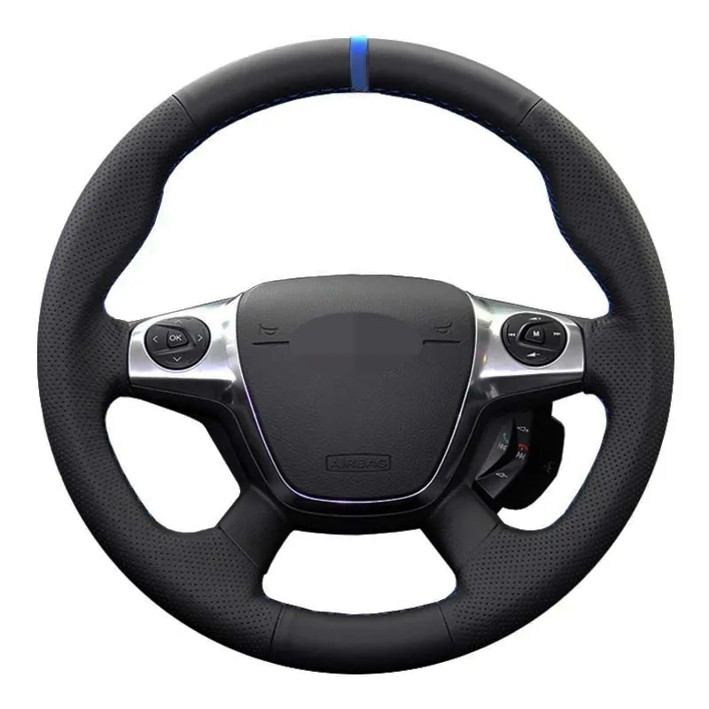 

Car Steering Wheel Cover Hand-Stitched Soft Black Genuine Leather For Ford Focus 3 2012-2014 KUGA Escape 2013-2016