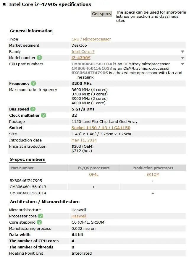 Verkaufen Intel Core I7-4790S I7 4790S 4GHz Quad-Core Acht-Gewinde Desktop CPU Prozessor 65W 8M LGA 1150 Getestet 100% Arbeits