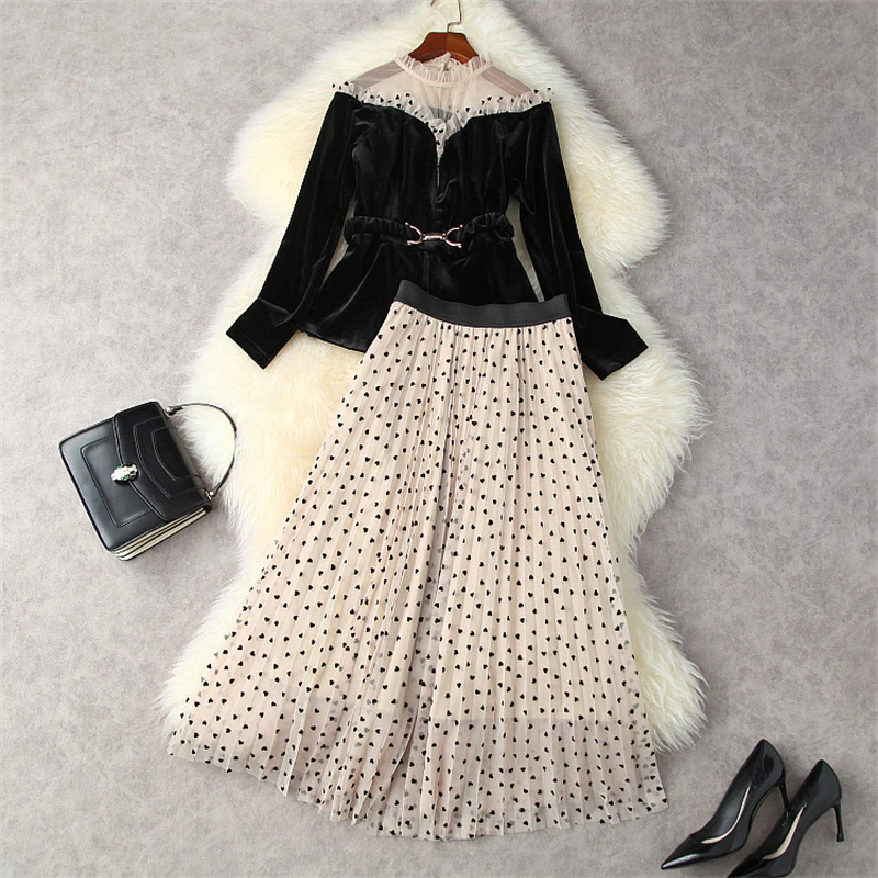 

Elegant Lady Autumn Winter Dress Suit Women Fashion Runway Velvet Top and Midi Mesh Skirt 2 Piece Clothes Set Party Outfits