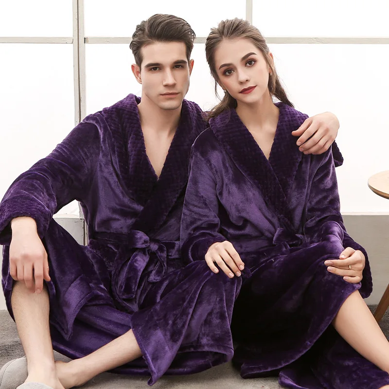 

Men Winter Extra Long Thick Warm Grid Flannel Bathrobe Mens Luxury Kimono Bath Robe Women Sexy Robes Male Thermal Dressing Gown