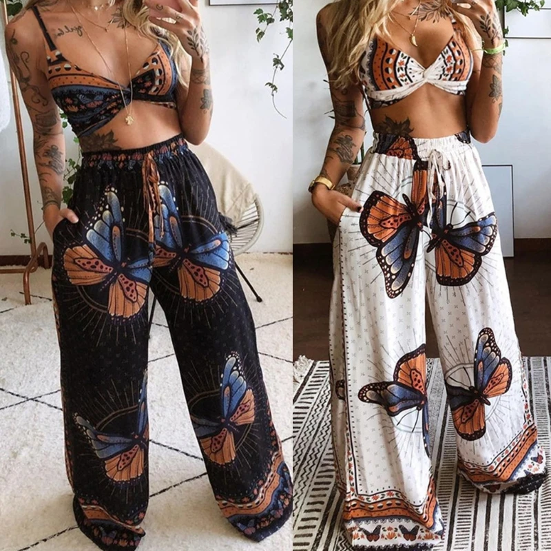 

Women Beach 2pcs Boho Butterfly Outfits V-Neck Crop Top Wide Leg Palazzo Pants