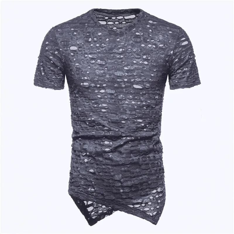 

New Mens Clothing T Shirt Casual Men Longline Holes Sleeve Fashion T Shirts