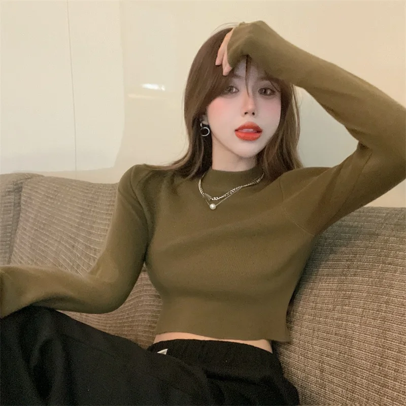 Women Autumn Winter Long Sleeve Knitted Sweater Femme Korean Style Short Tops Casual Solid Pullovers Basic Jumper | Женская одежда