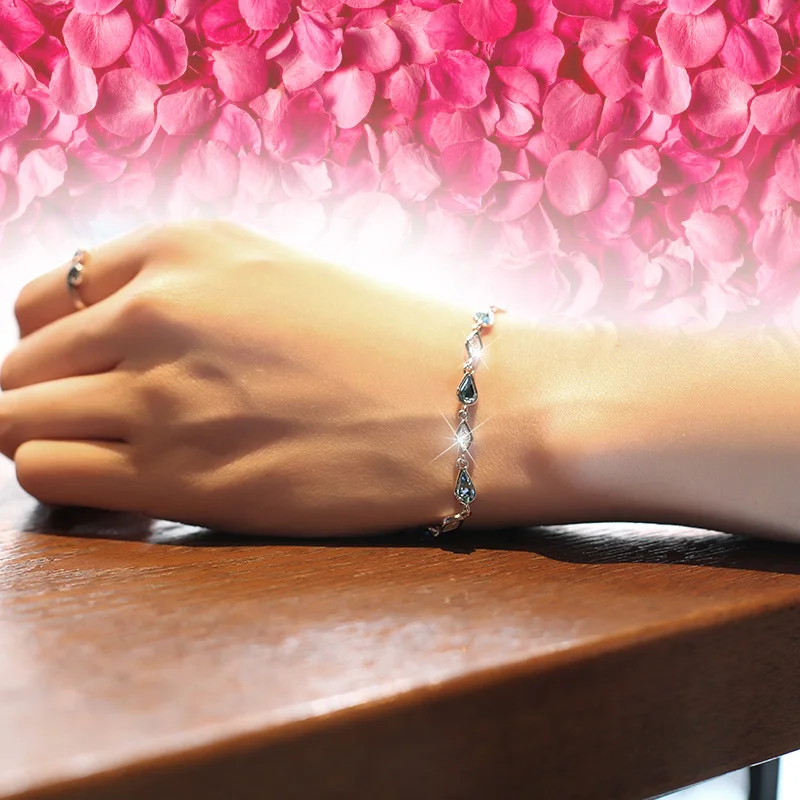 

Luxury Exquisite Sweet Female Bracelet Blue Crystal Real 925 Sterling Silver Engagement Wedding Bracelet for Women Girl Jewelry
