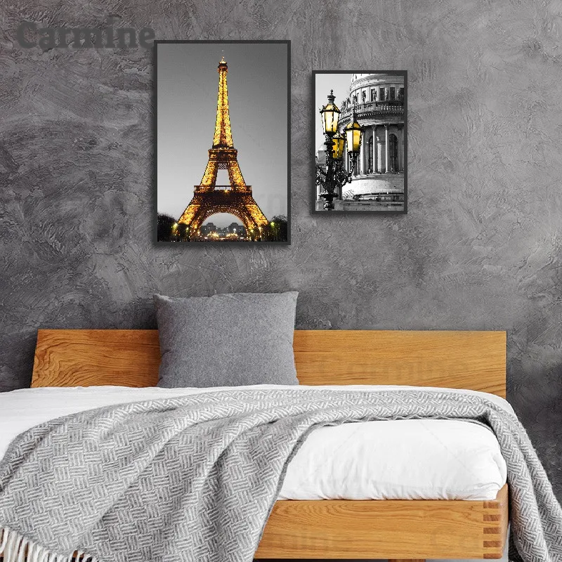 

Gothic Architecture Classical High-Rise Building Wall Art Eiffel Tower Canvas Paintings Sunrise View Warm Yellow Light Paintings