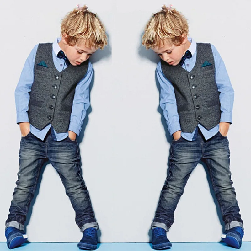 Boys cowboy long pants gentlemen formal clothing Baby boys suit Long sleeve shirt + stripe vest jeans 3pcs Party clothes set | Детская