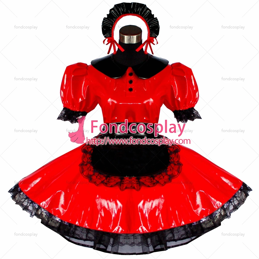 Сексуальная горничная Сисси красный ПВХ платье Запираемая униформа косплей