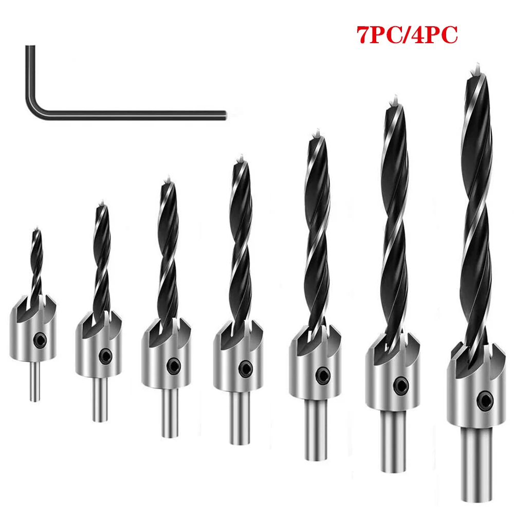 

4Pcs/7Pcs 3mm-10mm Wood Countersink Drill Set HSS 5 Flute Drill Bit Carpentry Reamer Woodworking Chamfer End Milling Wood Tool