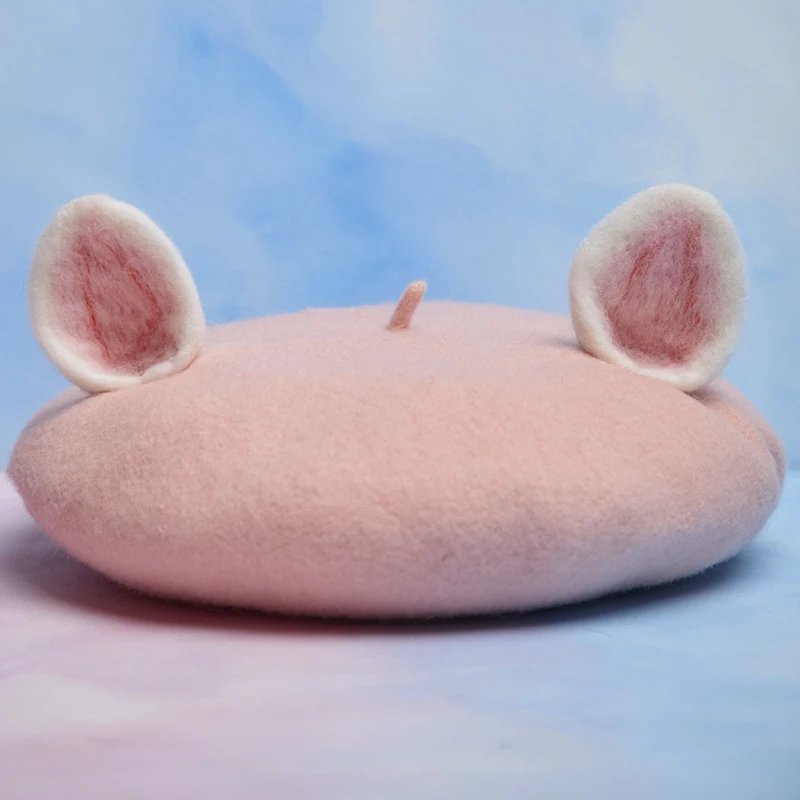 pink Новинка, Ретро стиль, женские милые береты с лисьими ушками, Шерстяная Смесь, Повседневная теплая шапка для художника, ручная работа, берет с кошачьими ушками, шапка, горячий подарок - Цвет: pink