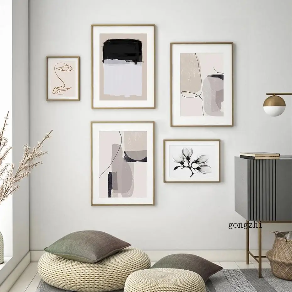 

Настенный постер с абстрактными геометрическими линиями, бежевый холст с изображением растений и цветов, современное художественное оформ...