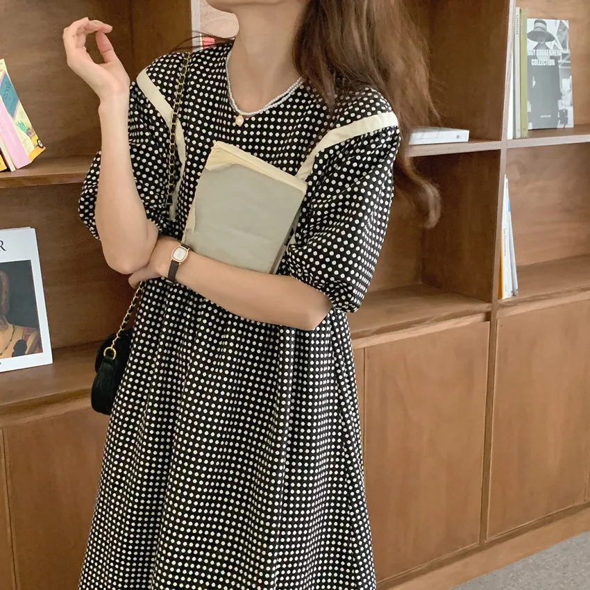 

Korejpaa Women Dress 2021 Summer Korean Chic French Retro Full-Screen Wave Dots Contrasting Color Receiving Puff Sleeve Vestidos