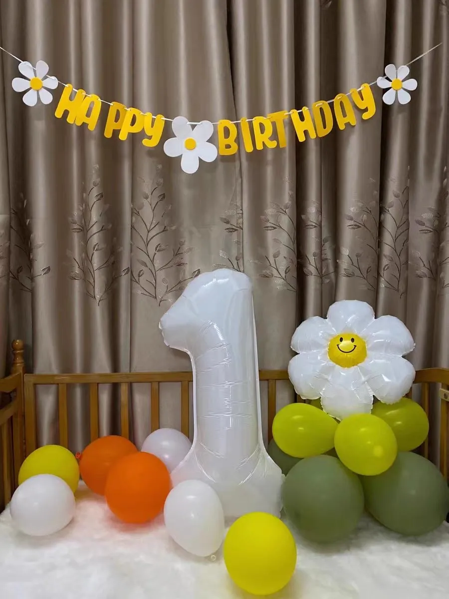 ins Baby Shower Non Woven Daisy Happy Birthday Banner White Flower Garland Yellow Flag | Дом и сад