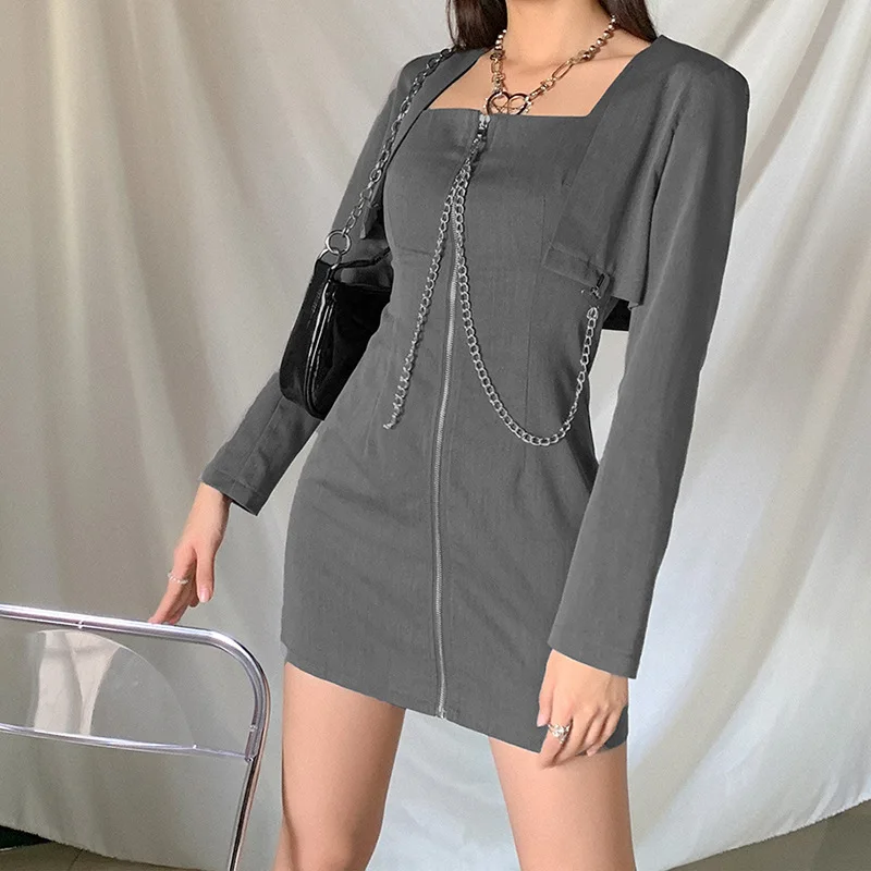 

Women Fall Fashion Slim Solid Cool Zipper Chain Gray Dress 2021 New Long Sleeve Casual Streetwear Wild Solid Female Mini Dress