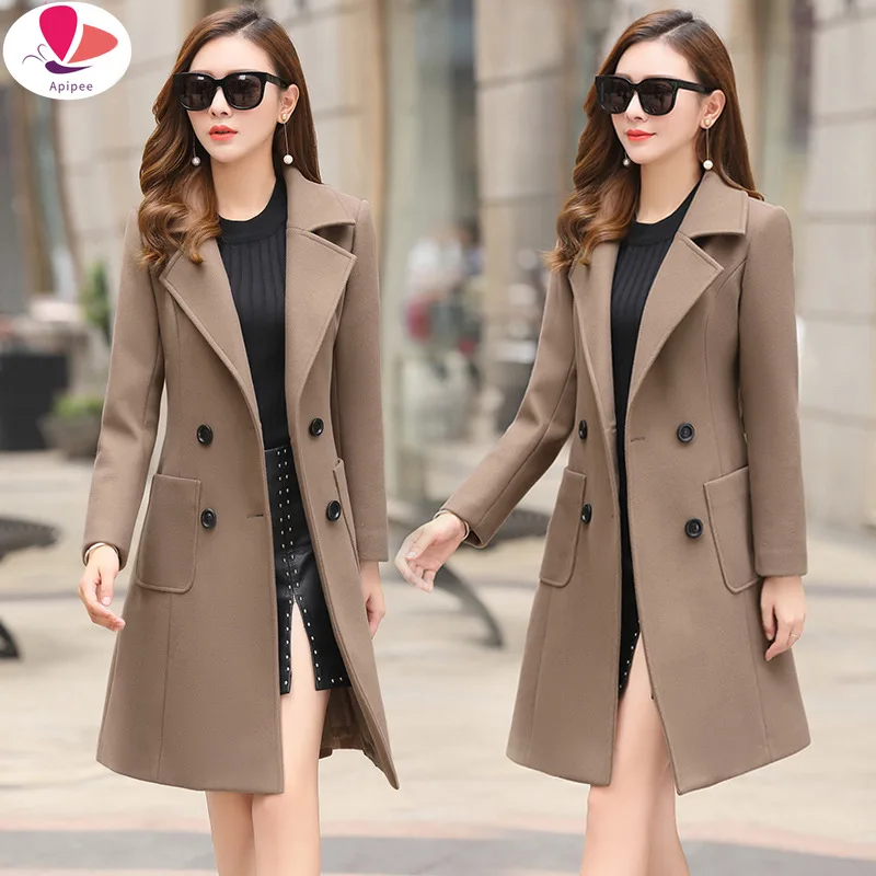 

Women Elegant Notched Collar Double Breasted Wool Blend Over Coat