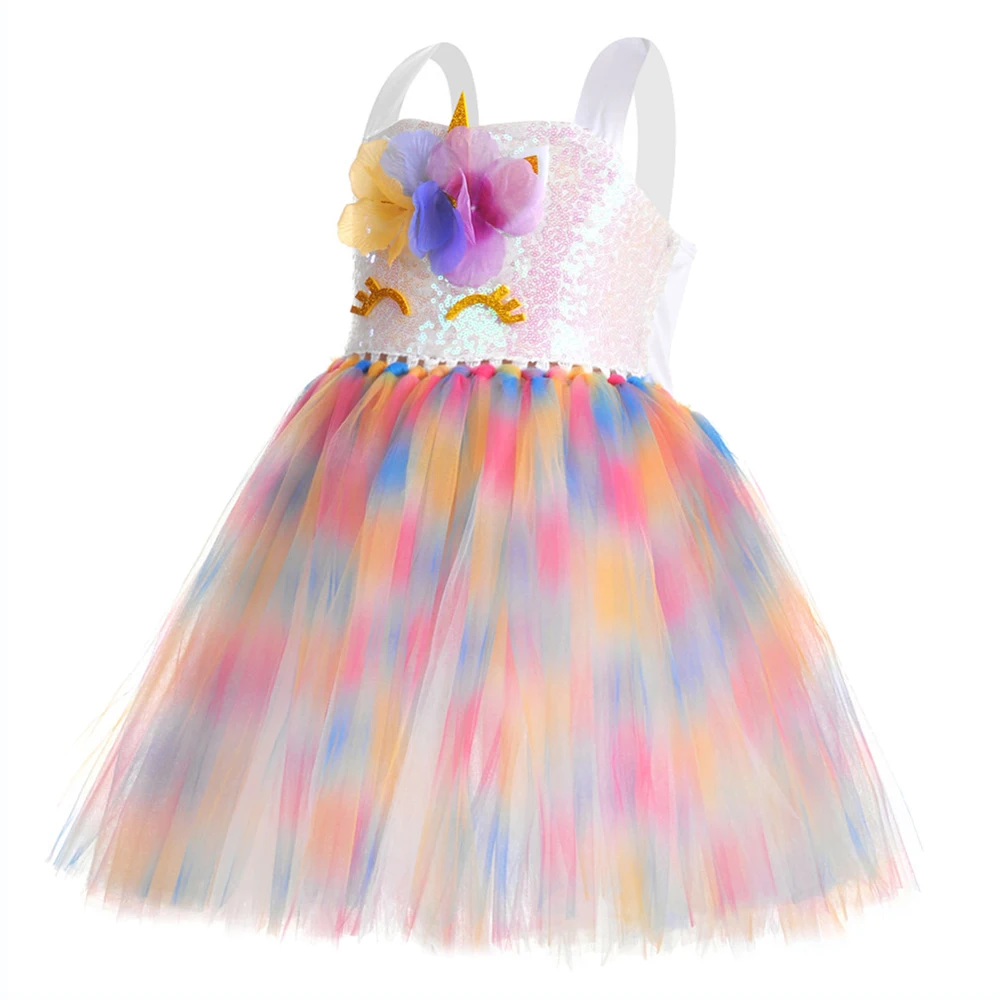 Rainbow Sequin Tulle Tutu Unicorn Dress Girls Flower Birthday Party Vestido Unicornio Summer Princess Kid Costume | Детская одежда и