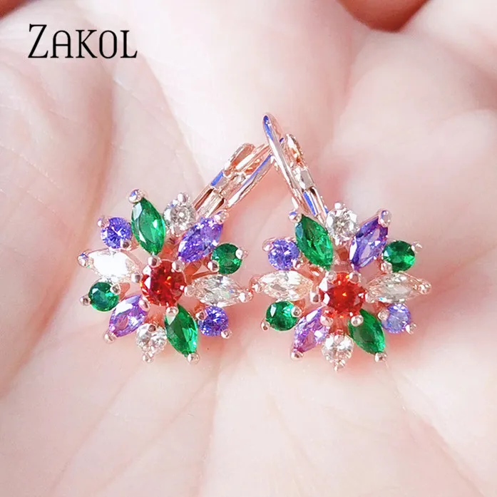 Multicolor Rose ZAKOL Мода розовое золото Цвет цветок обруч серьги кластера прозрачного хрусталя циркония серьги для Для женщин ювелирные Brincos FSEP609 - Окраска металла: Multicolor Rose