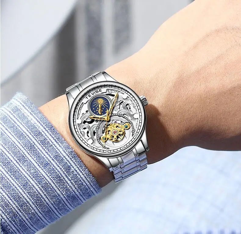 TEVISE часы Moon phase полые tourbillon автоматические механические наручные часы из нержавеющей стали мужские часы браслет часы