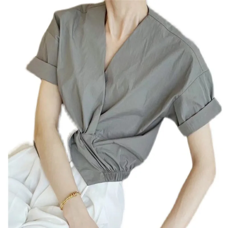 

LANMREM New Women V-collar Shirts Short Sleeve Straght Belt Temperament Loose Fit Fashion Tide Summer 2021 2P2457