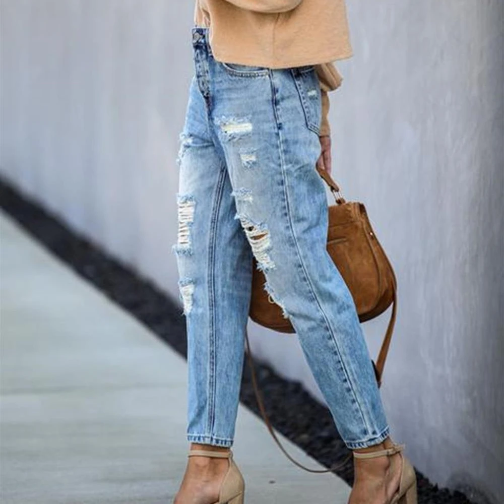 

Women Trousers Midi Wist Destroyed Slimming Loose Straight Denim Pants Casual Ladies Ripped Casual Wearing Bottoms Pants