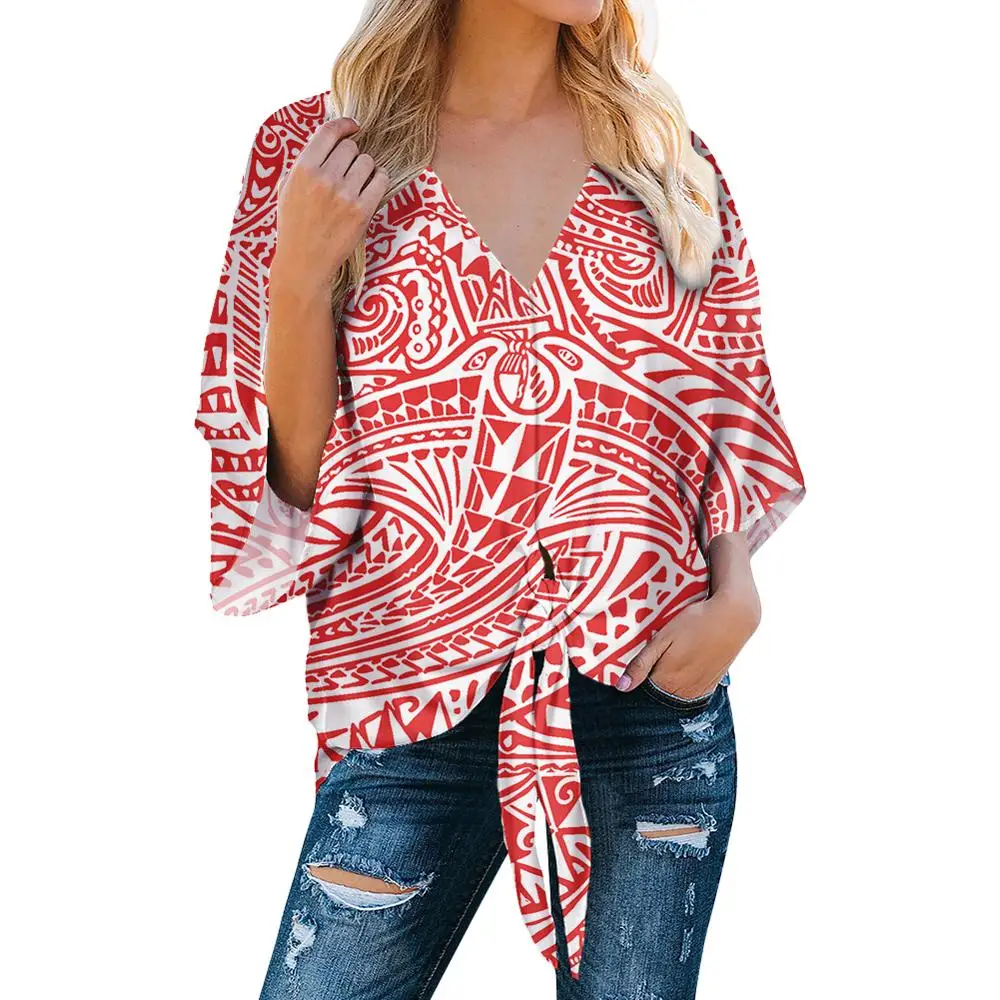 Promotional Polynesian Traditional Tribal Print Women Chiffon Tops Shirt Exclusive Printed Chiffon For Ladies Chiffon Blouses