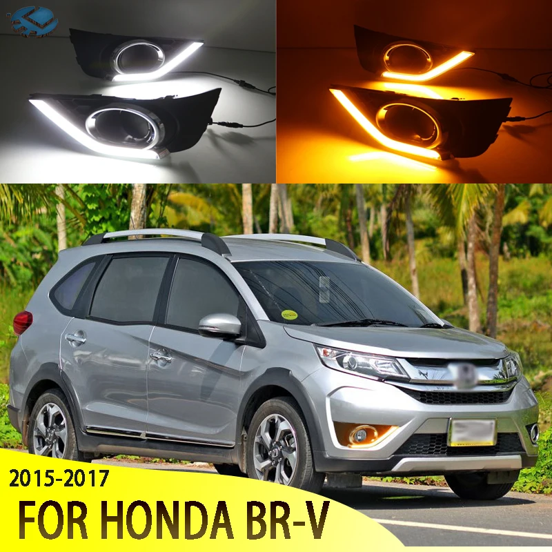 

LED Daytime 2 color Running Lights For Honda BR-V BRV 2015-2017 2pcs DRL with Fog lamp hole Yellow Turn Signal lamp