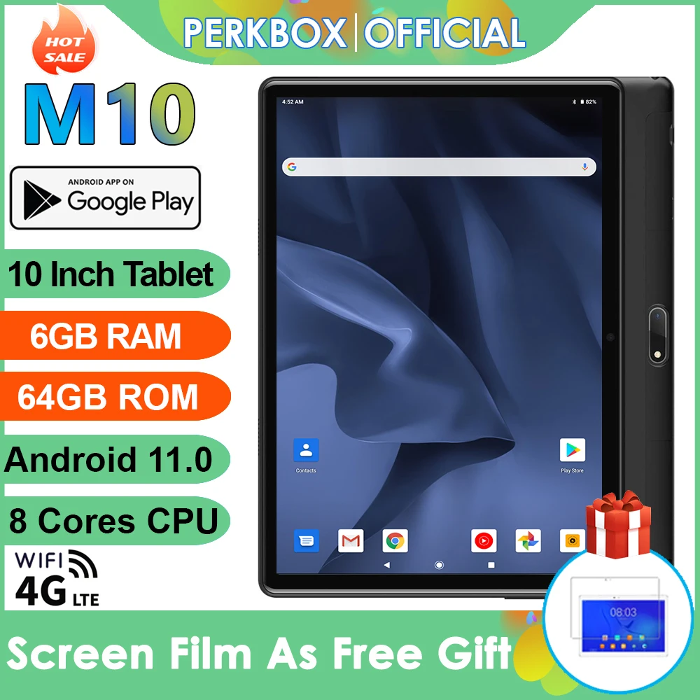 Perkbox 10 Inch Tablet Android 11.0 Octa Core 6GB RAM 64GB ROM 1280x800 HD Screen 5.0MP Cameras 4G LTE Phone GPS WiFi Youtube
