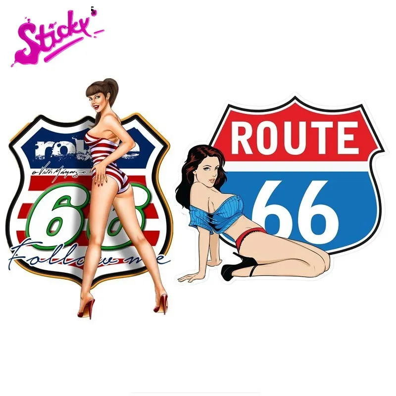 

STICKY Route 66 Pin Up Girl Badge Brand Car Sticker Decal Decor Motorcycle Off-road Laptop Trunk Guitar PVC Vinyl Stickers