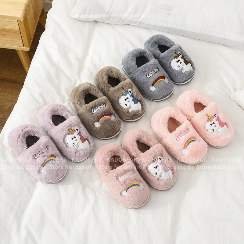 Детские плюшевые тапочки с мультяшным единорогом зимняя обувь для маленьких