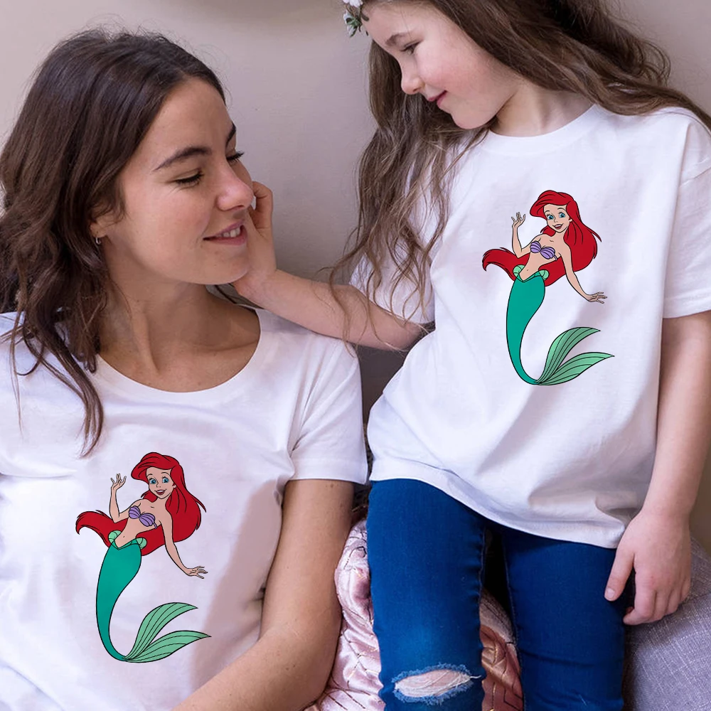 

Ariel The Little Mermaid Harajuku Famliy Look Kawaii Women Cute Anime Tshirt Cartoon Kids T-shirt Mama and Daughter Top Tees