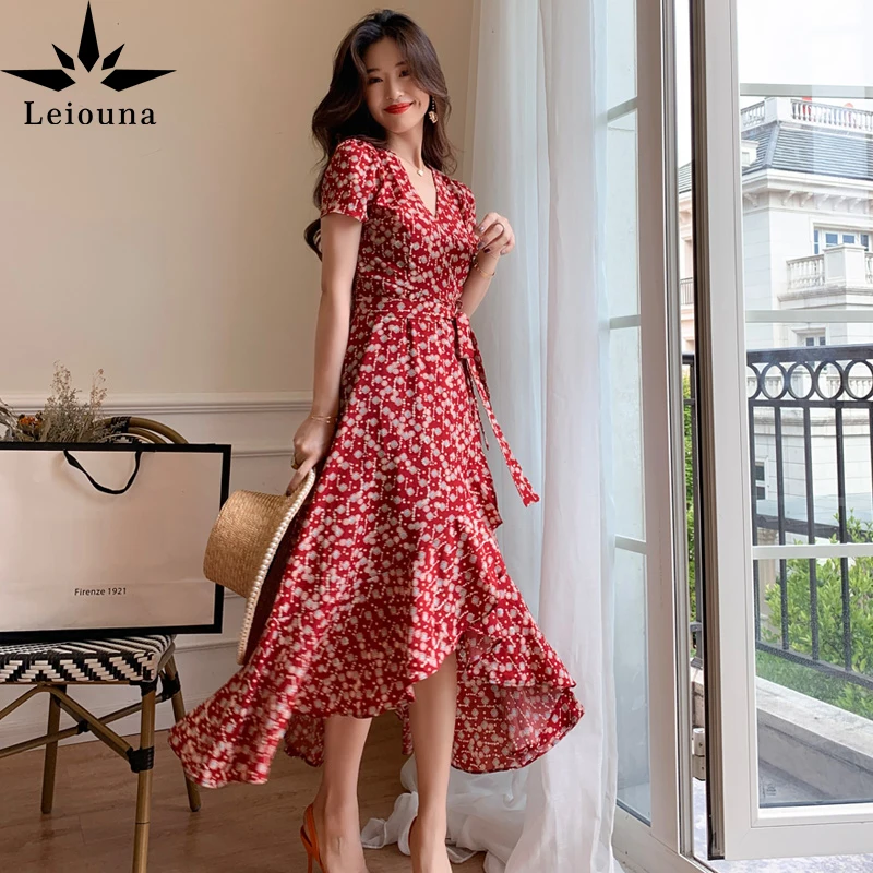 

Женское шифоновое пляжное платье Leiouna, Красное длинное платье с коротким рукавом, V-образным вырезом и принтом в виде разбитых цветов, для кл...