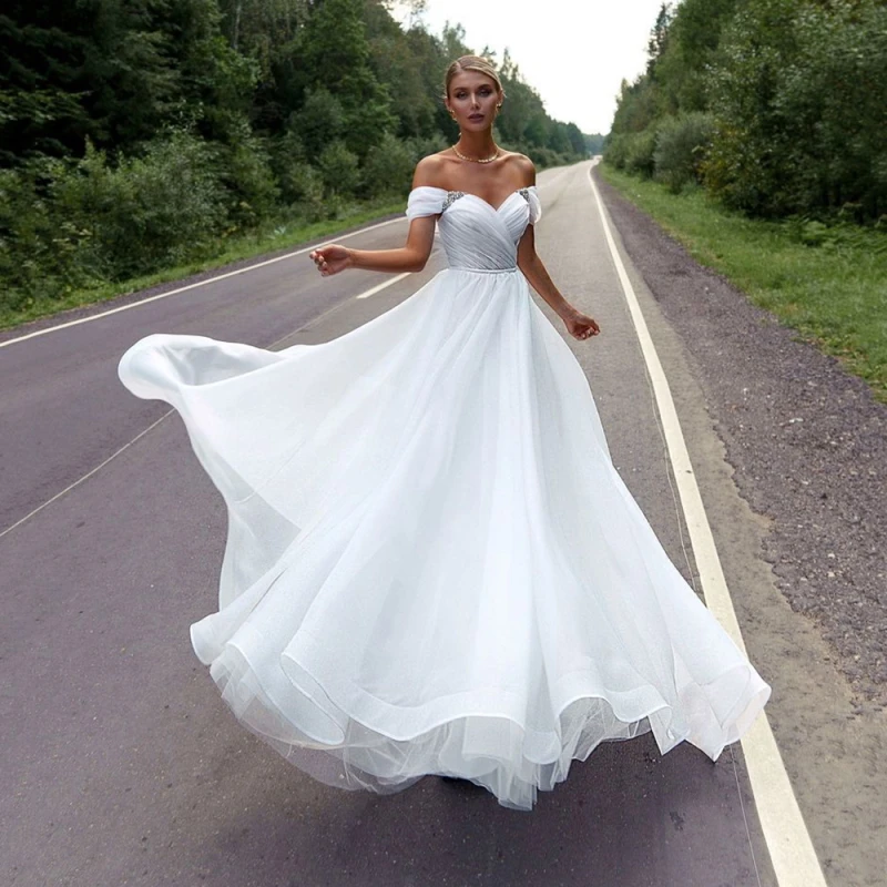 

Elegant Sweetheart Beading Pleated Wedding Dresses 2022 Dubai Off The Shoulder Short Sleeves Brides Wedding Dress Custom