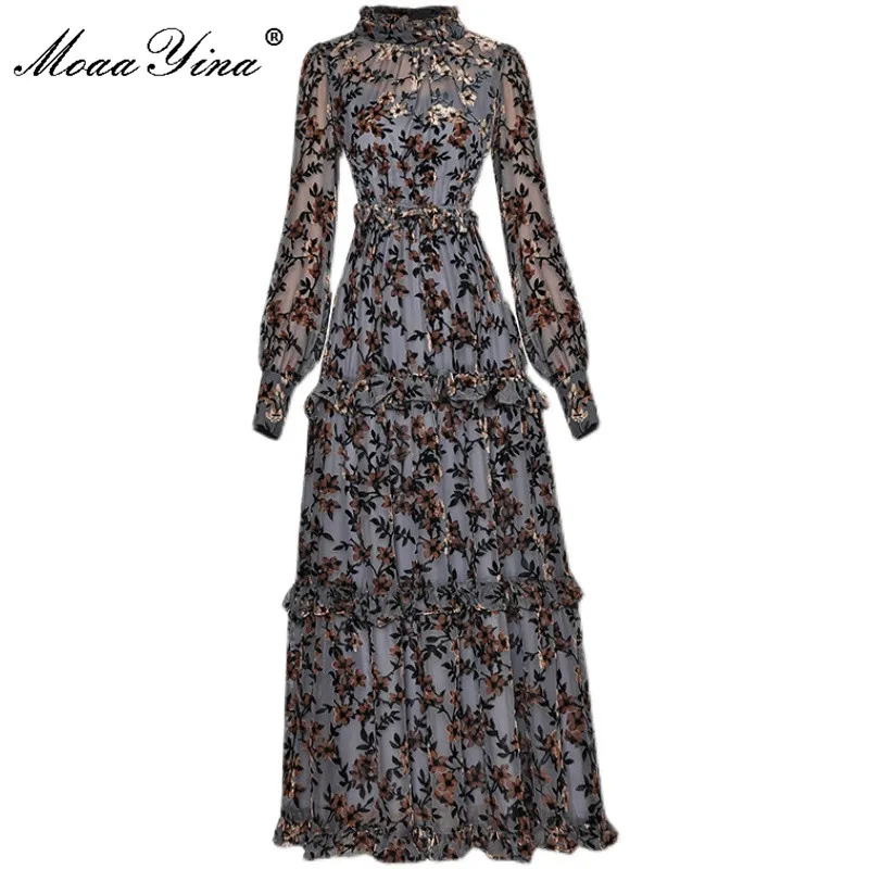 moaayina fashion runway autumn mesh dresses womens stand up collar lantern sleeve flocking print vintage long party dress free global shipping