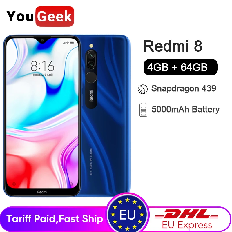 Мобильный телефон Xiaomi Redmi 8 с глобальной прошивкой 4 Гб ОЗУ 64 ПЗУ Восьмиядерный