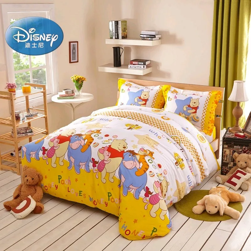 Disney Cartoon Yellow Winnie The Pooh Pattern Bedding Set Children's Bedroom Decorative Sheets Duvet Bed Cover Pillowcase 3/4