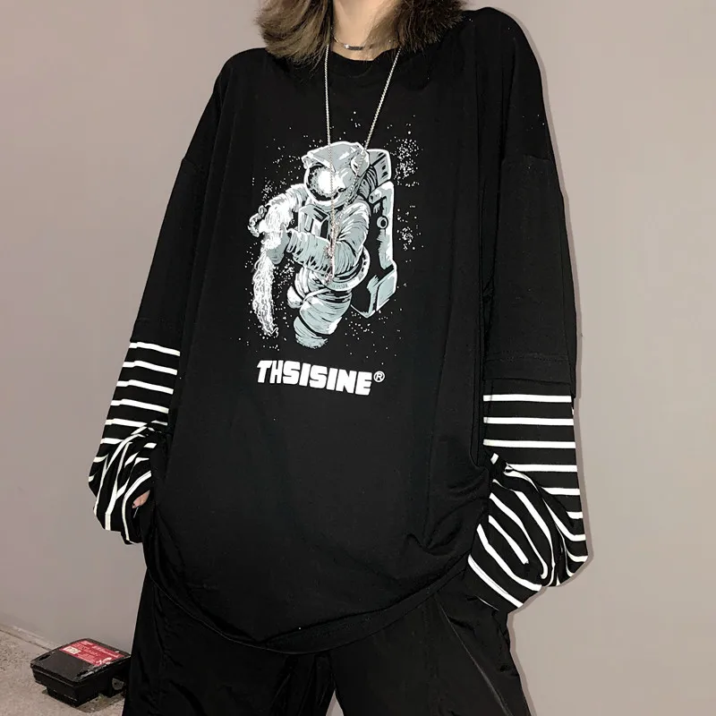 Lychee Girls Astronaut Women T Shirt Top Tee Stripe Fake 2 Pieces Women T-shirts Top Tees Patchwork Crew Neck Women T Shirts