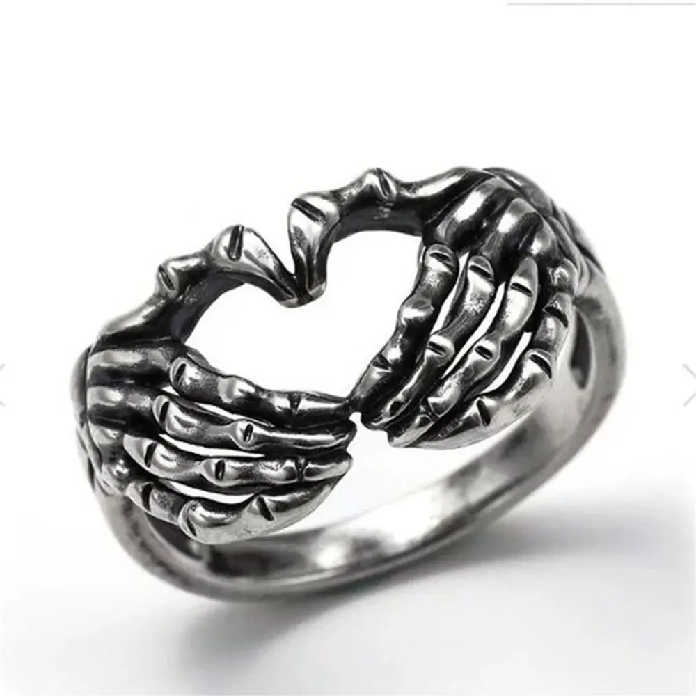 

Jewelry Vintage Hip Hop Hand Bone Gothic Skull Hand with Heart Rings Punk Rings