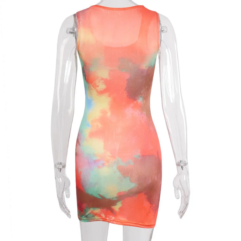 

Women's Summer Sleeveless Bodycon Mini Dress Tie Dye Sexy Vintage Womens Fashion Streetwear Casual Midi Dress 2021