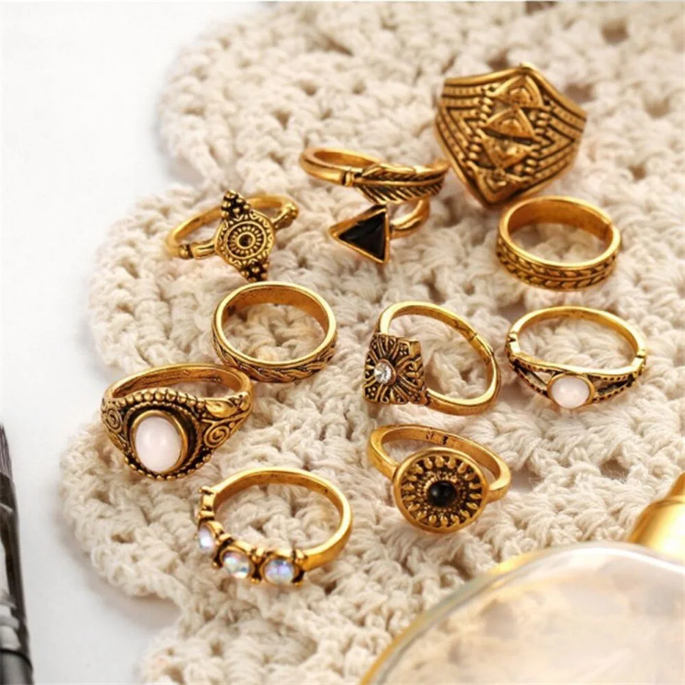 

10Pcs Gothic Gold Wedding Ring Vintage Crown Water Drops Star Geometric Crystal Rings Set Women Charm Joint Ring Hip Hop Jewelry