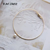 hot round gold color bangles natural pearl bracelet female korean simple magnetic buckle bangles fine jewelry for wedding party