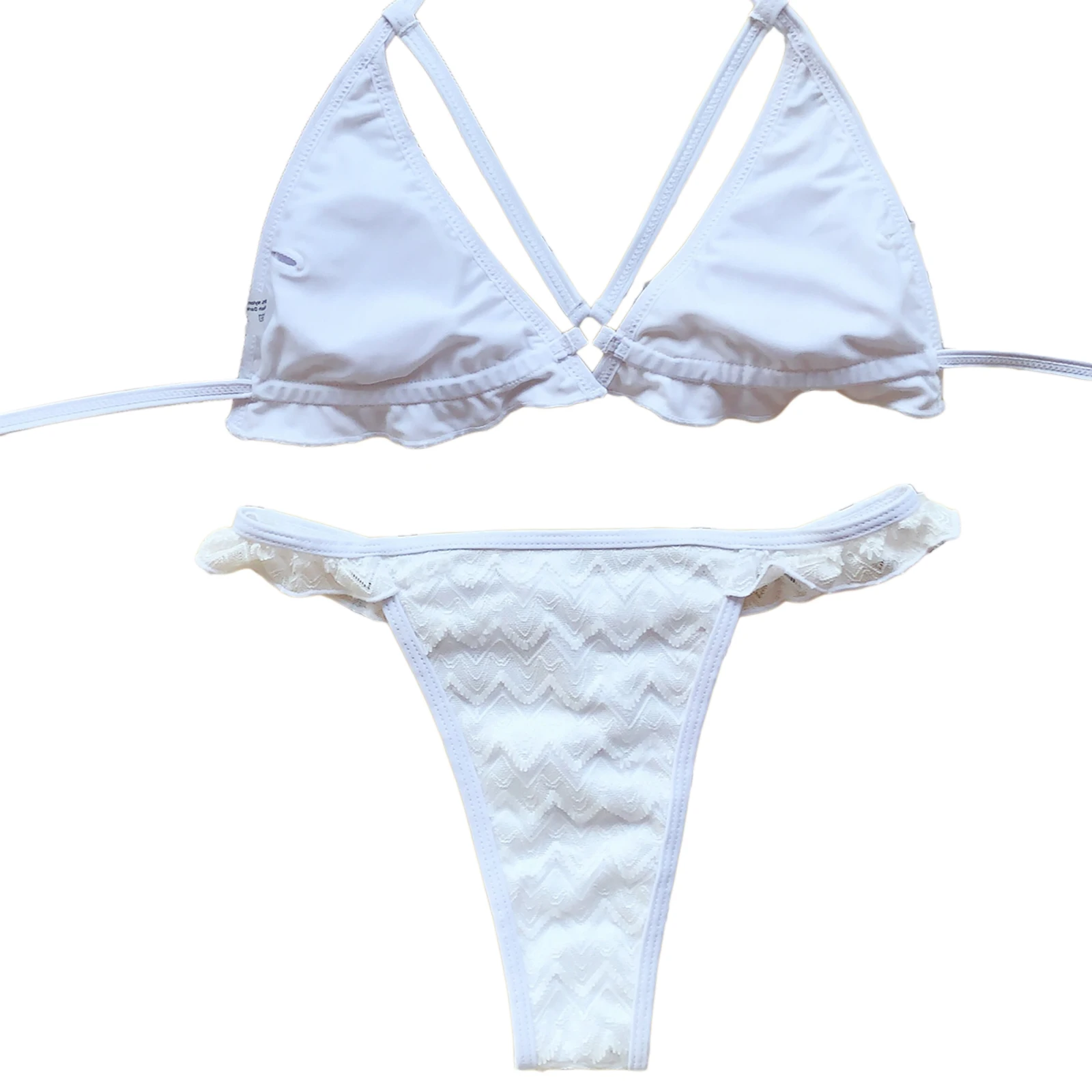 

Meihuida Women's Sexy Two Piece Bikini Suits Fashion Solid Color Halter Lace-Up Top and Ruffles Low Waist Trunks