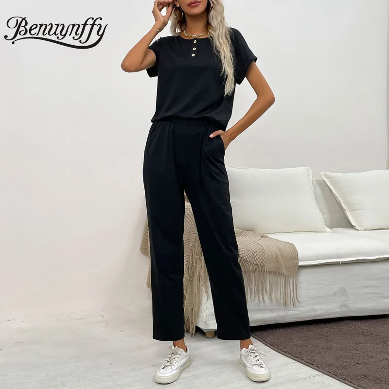 

Benuynffy Summer Two Piece Set Women Tracksuit Korean Fashion O-Neck Button T-Shirt Black Straight Pants Casual Womens Sets