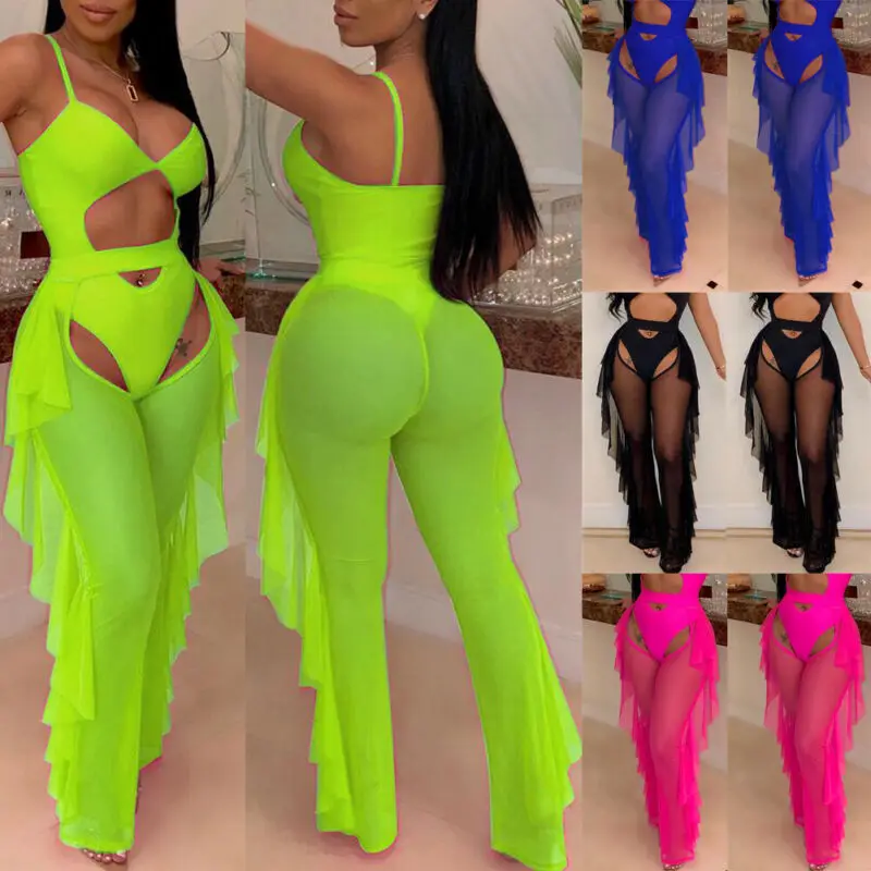 Сексуальные женские пляжные сетчатые прозрачные широкие брюки с оборками по