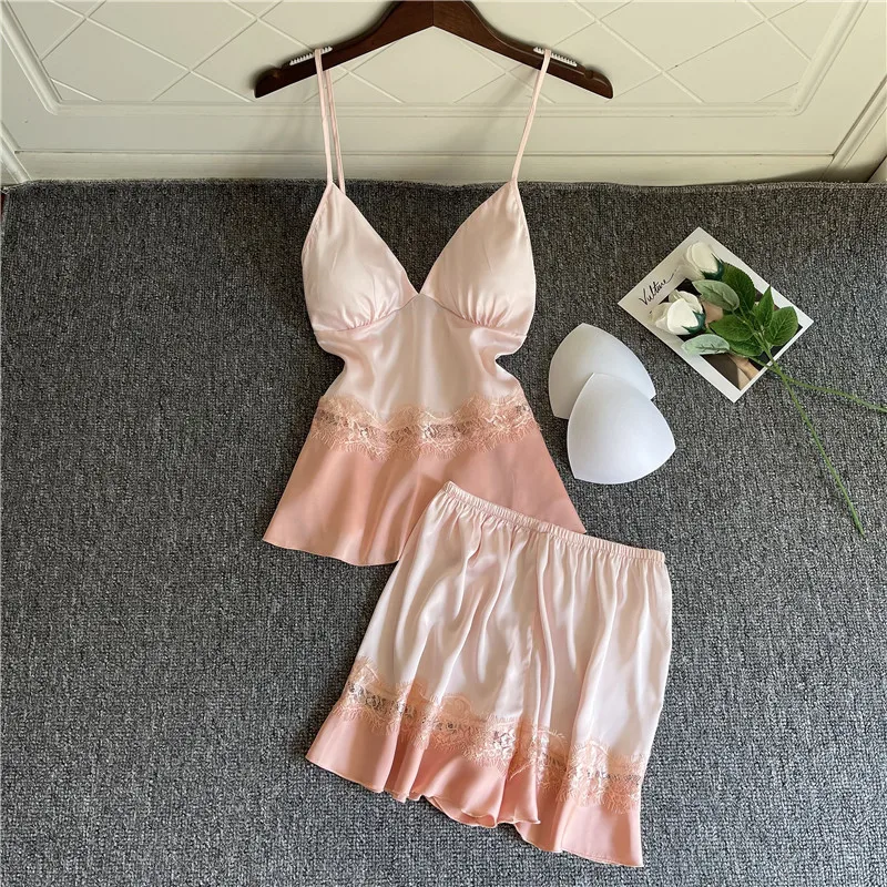 

Satin 2PCS Pajamas Set For Women Sleepwear Sexy Lace Strap Top&Shorts Summer New Intimate Lingerie Loose Pijamas Home Clothes